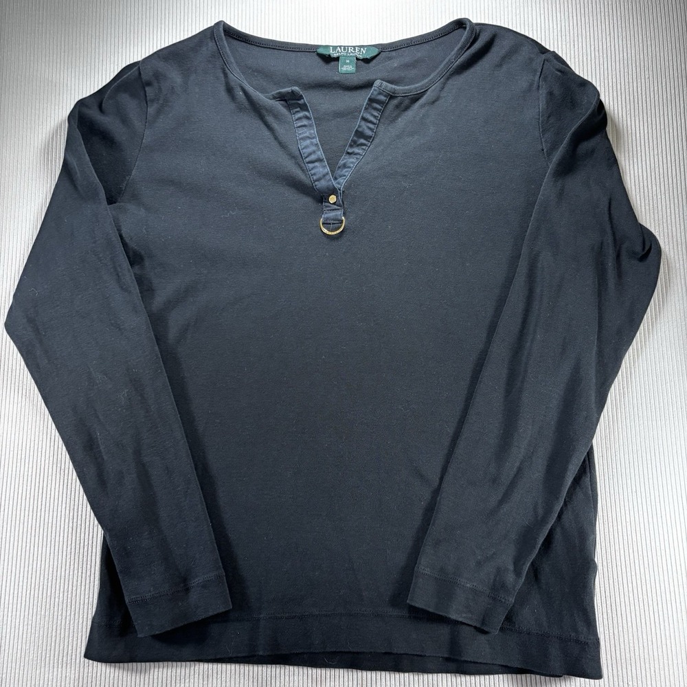 Lauren Ralph Lauren Henley Women's Top Black Long Sleeve Gold Ring RL Medium